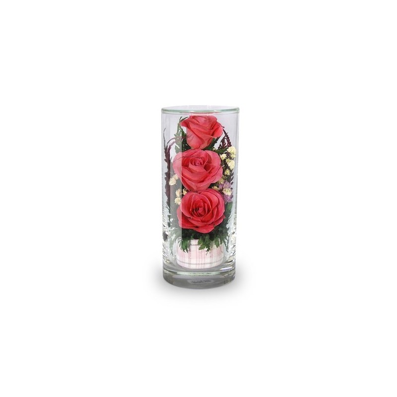 ярко-розовые розы в стекле